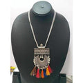 South Indian traditional oxidized metal necklace with colorful beads and antique finish.