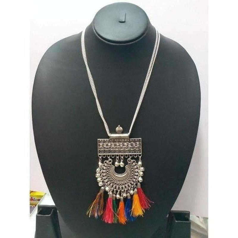 South Indian traditional oxidized metal necklace with colorful beads and antique finish.