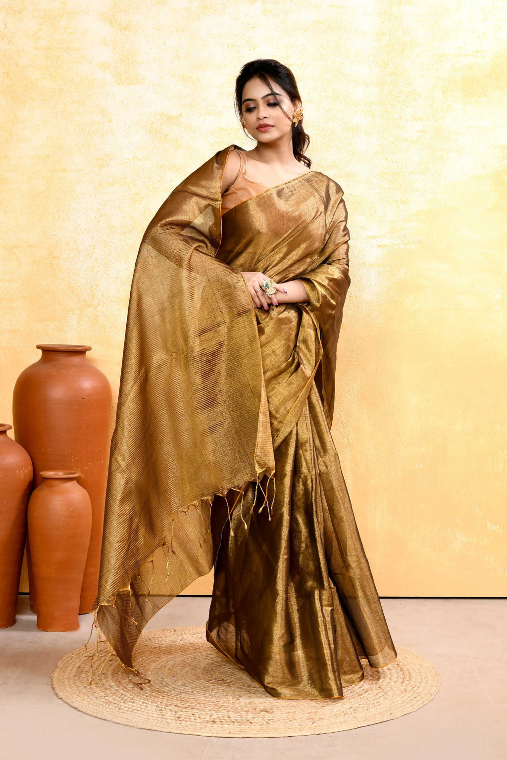 Gold Dual Tone Organic Tissue Saree with Matching Blouse Piece