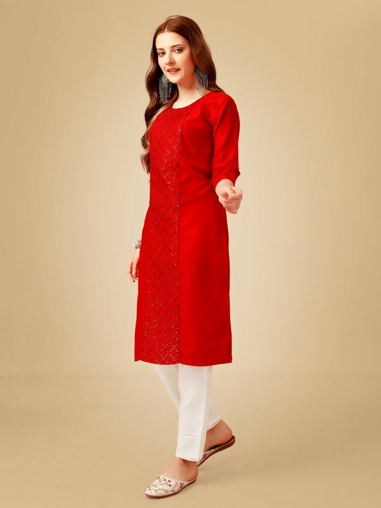 Women's Red Cotton Blend Embroidered Kurta Pant Set