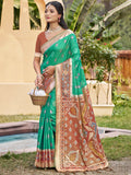Rama Green Pochampally Silk Saree featuring geometric weave pattern