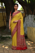 Yellow Crepe Chiffon Pure Handloom Banarasi Silk Saree drape