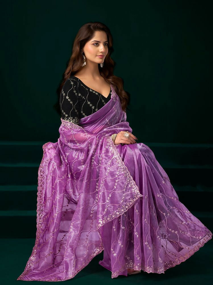 Lavender Net Party Wear Saree with Black Velvet Blouse