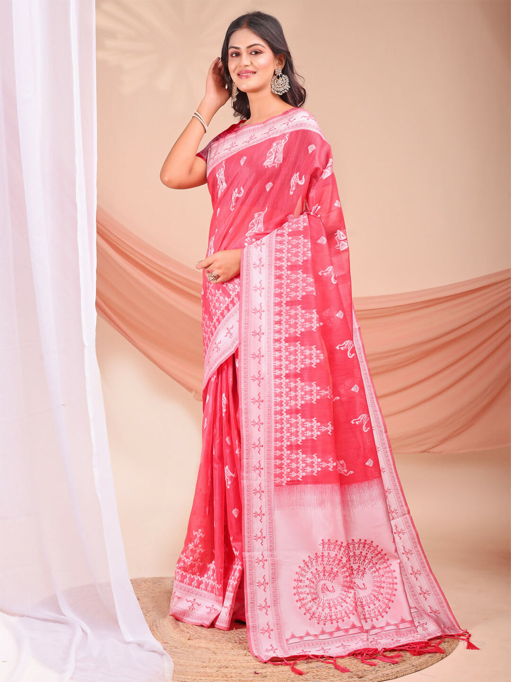 Varnika Pink Linen Cotton Saree with Matching Blouse