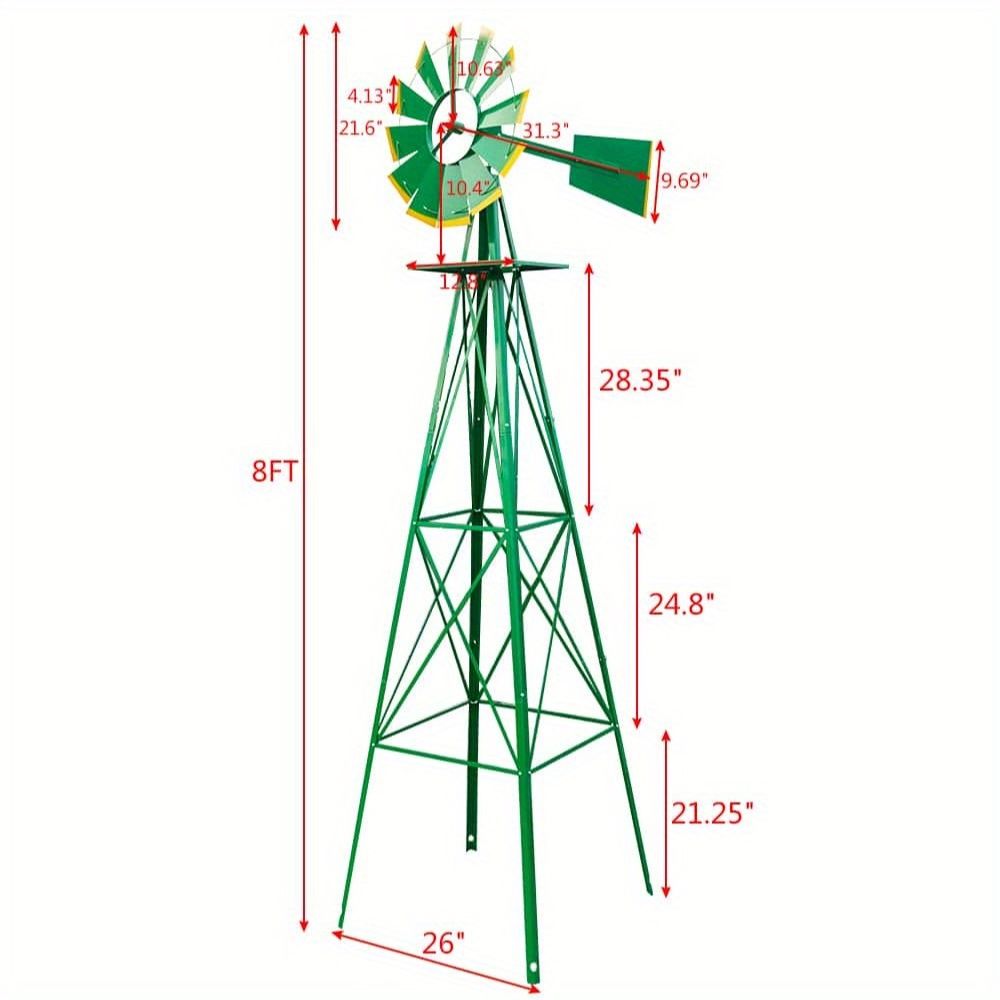 8ft Green Windmill with Weather Vane 4-Legged Standing Rotatable Iron Garden Decoration