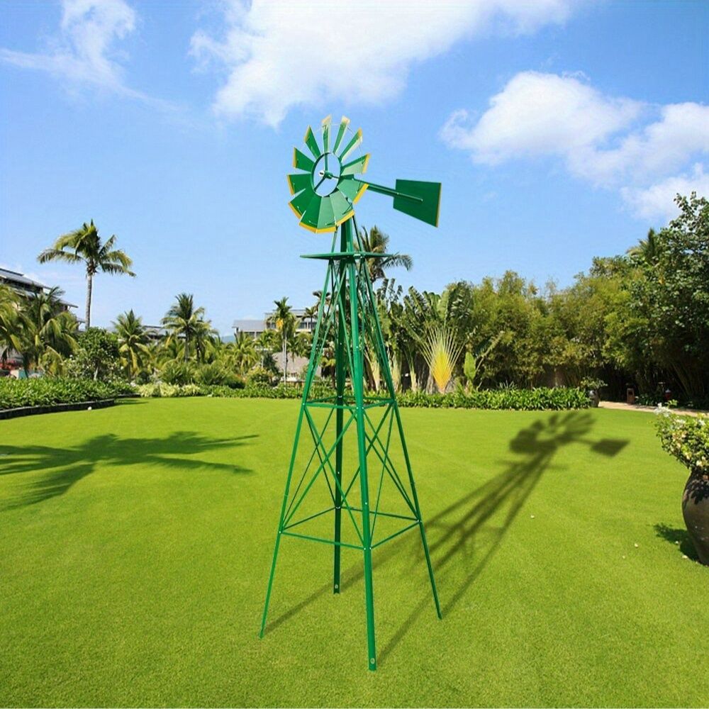 8ft Green Windmill with Weather Vane 4-Legged Standing Rotatable Iron Garden Decoration