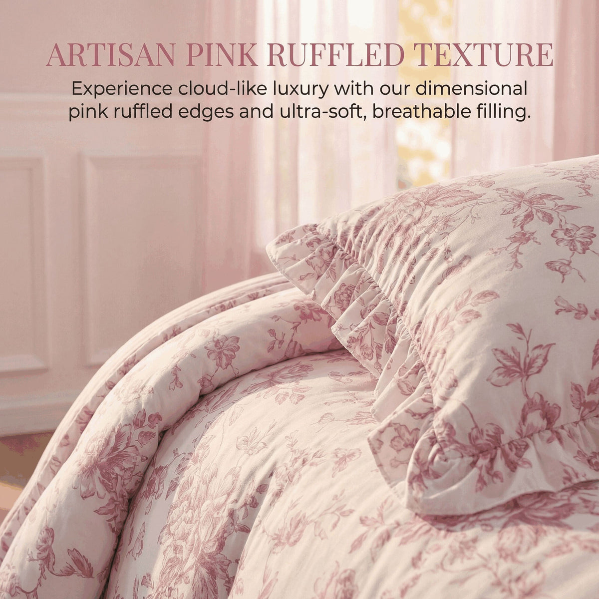 Romantic Blue Floral Reversible Comforter Set with Ruffled Pillows