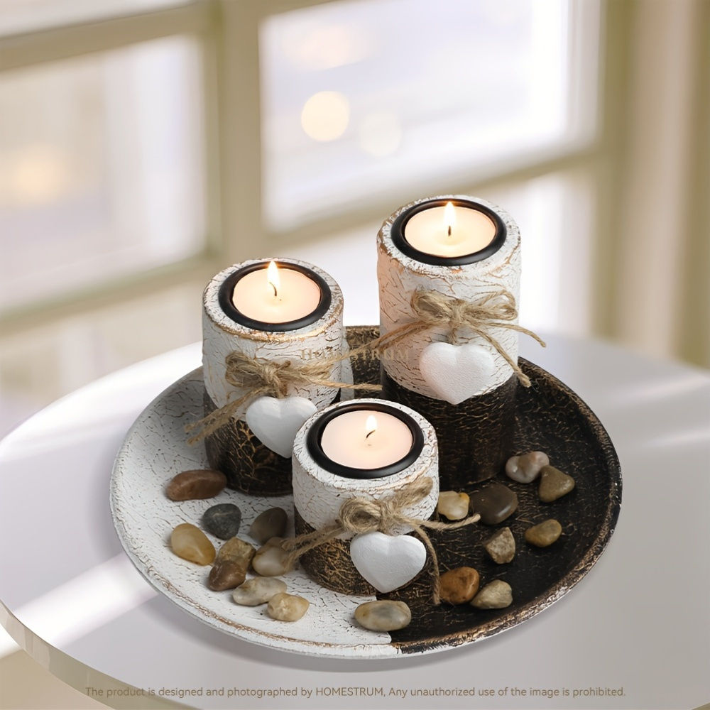 Wooden Candlestick Set with Jute Rope Bow Decoration