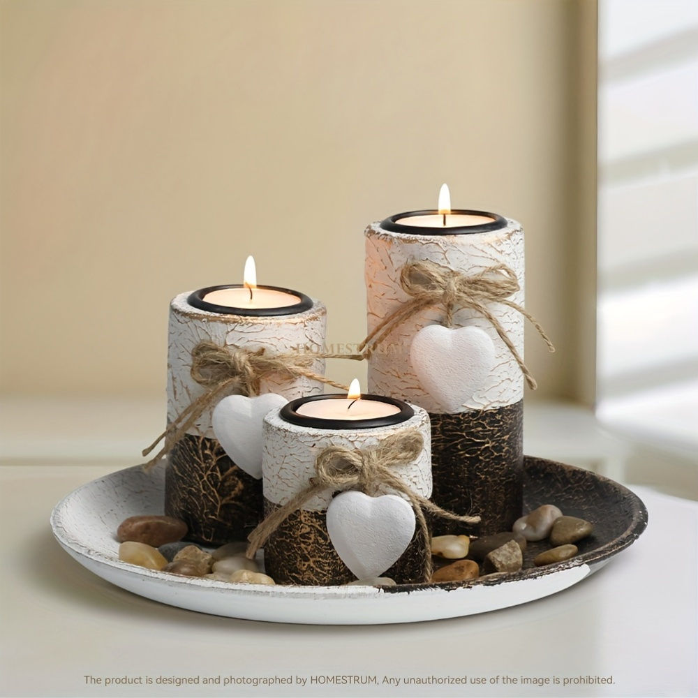 Wooden Candlestick Set with Jute Rope Bow Decoration