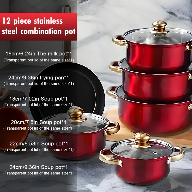 12-Piece Stainless Steel Cookware Set with Saucepans and Wok
