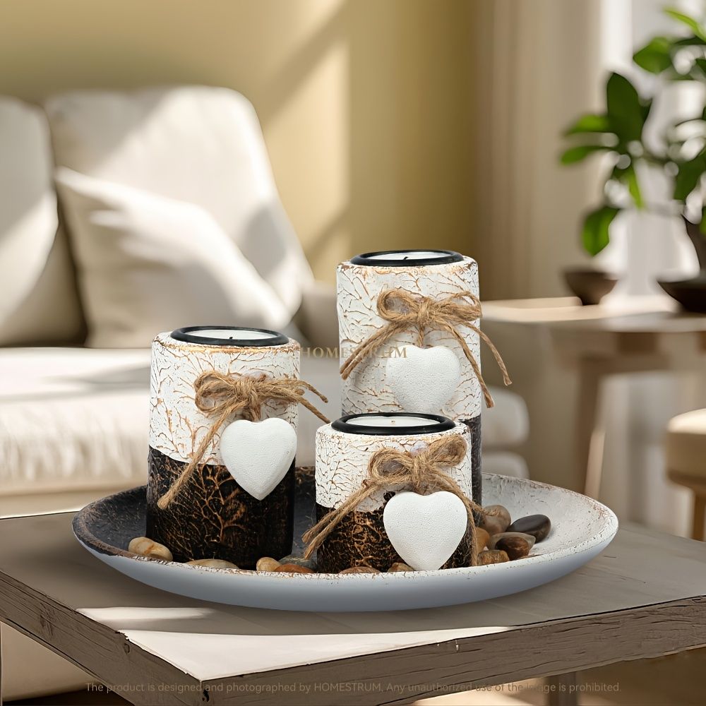 Wooden Candlestick Set with Jute Rope Bow Decoration
