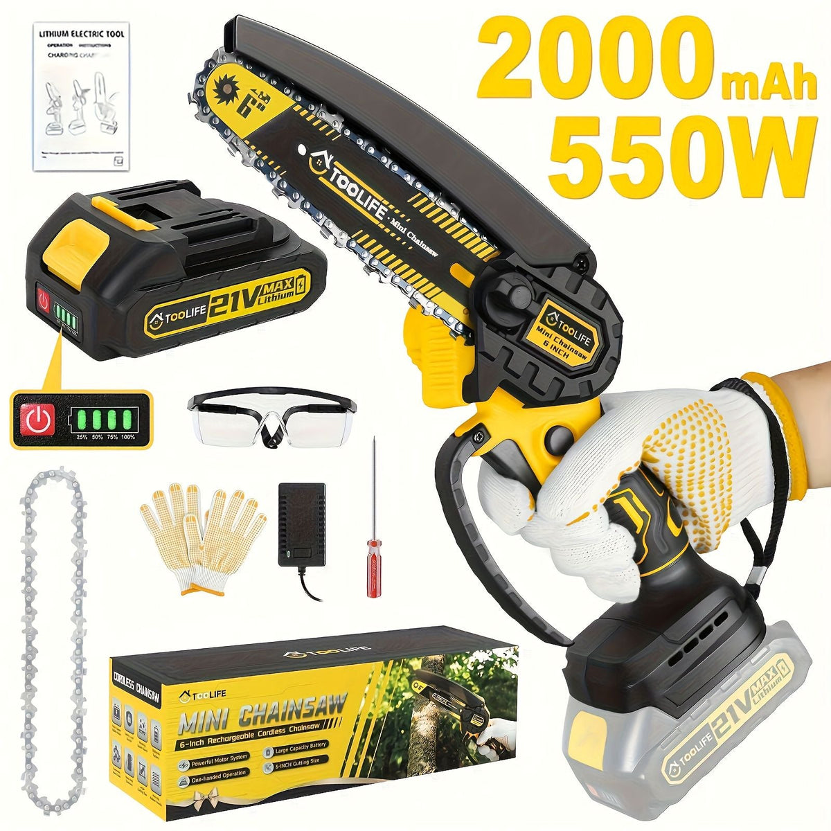 Cordless Mini Chainsaw with 2 Batteries and Toolbox