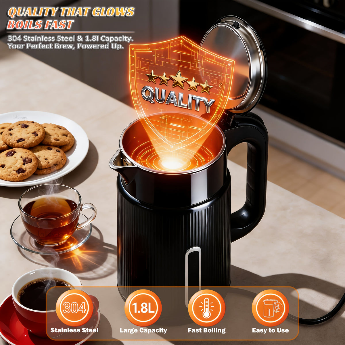 1000W Electric Kettle 1.7L Water Boiler 304 Stainless Steel Double Wall Auto Shut Off