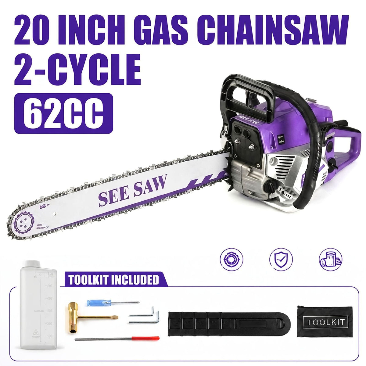 62cc Gas Chainsaw with 20 Inch Guide Bar
