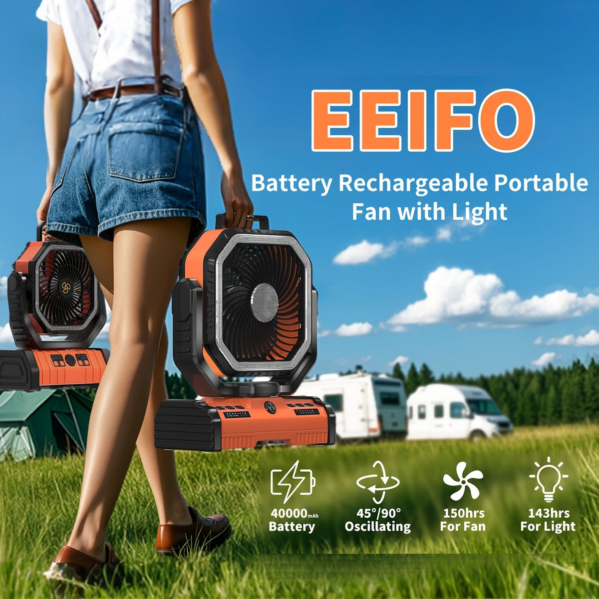 12-Inch Portable Camping Fan with LED Light