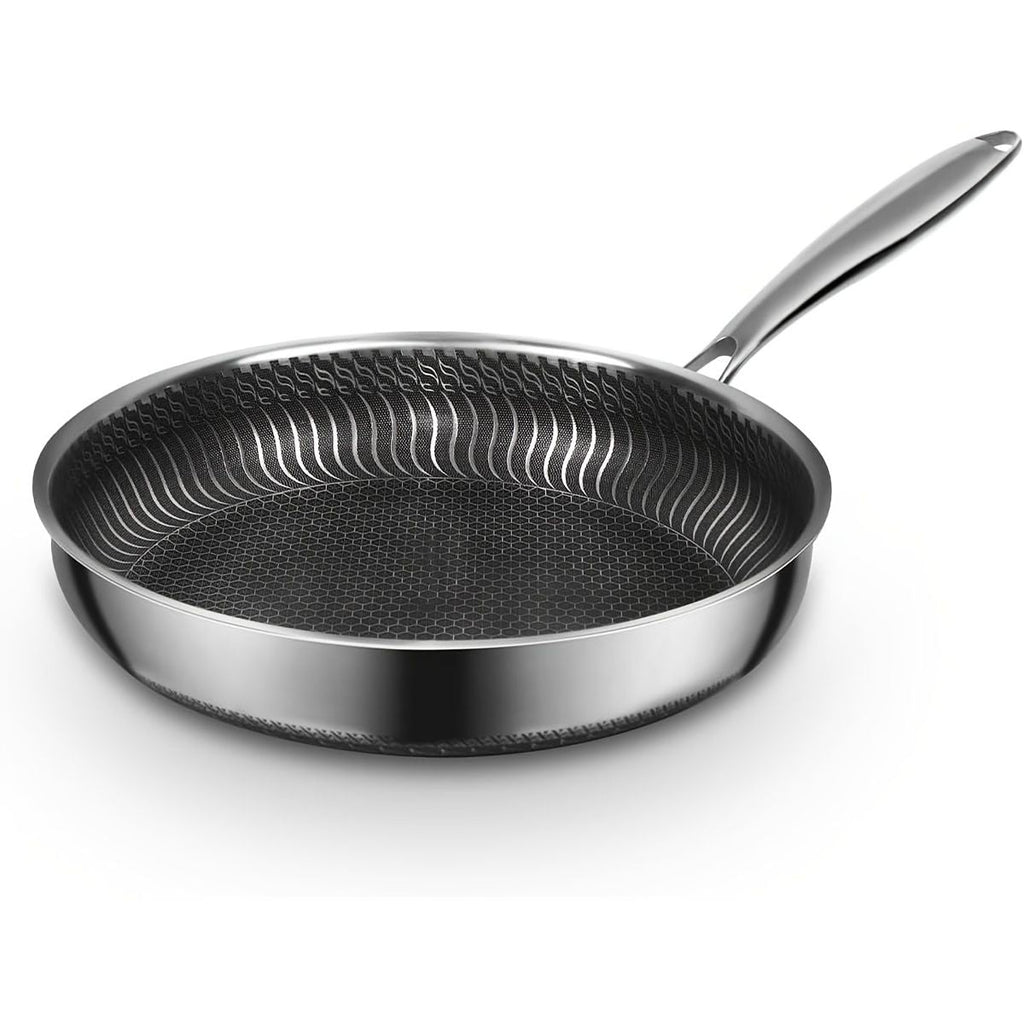 A stainless steel frying pan with a textured, hammered interior and a smooth exterior, shown on a clean white background.