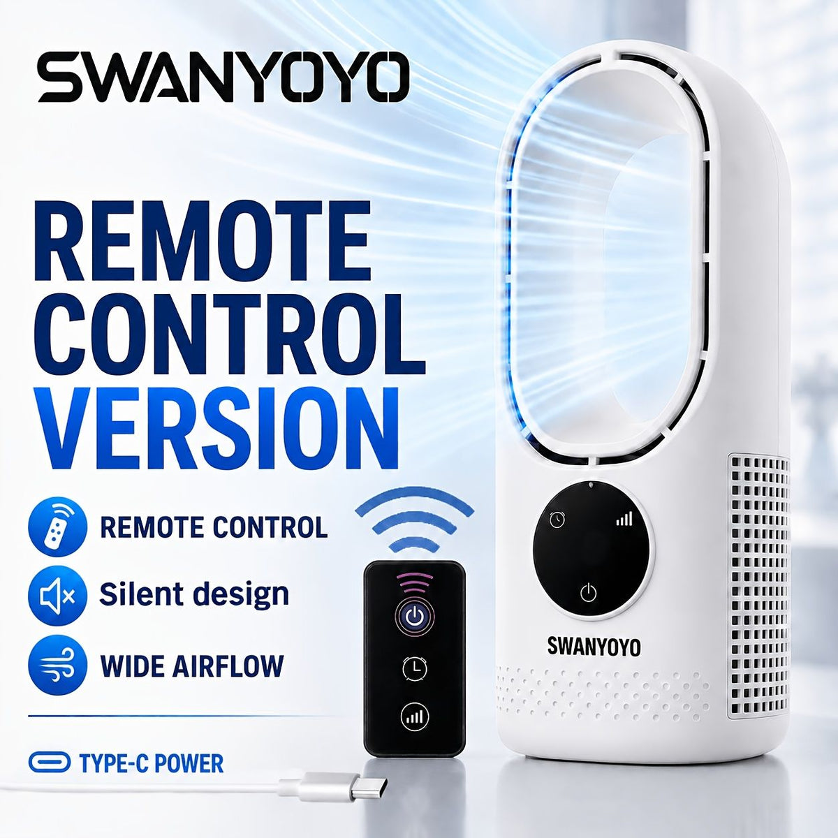 Portable Bladeless Tower Fan with Remote