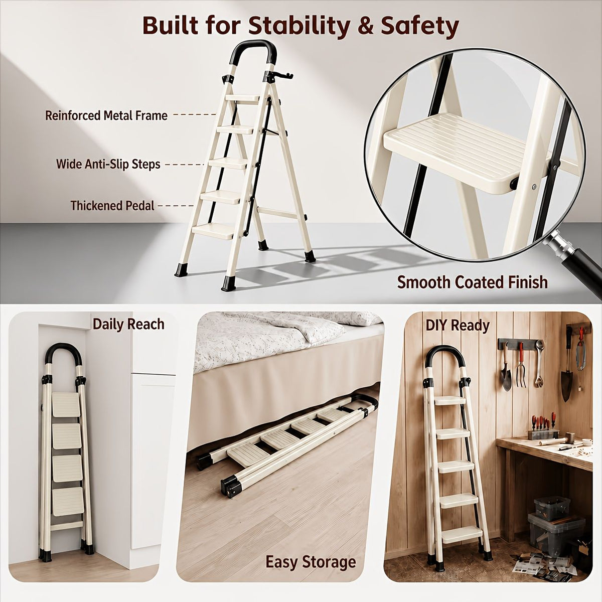 Folding Step Ladder with Anti Slip Wide Pedal