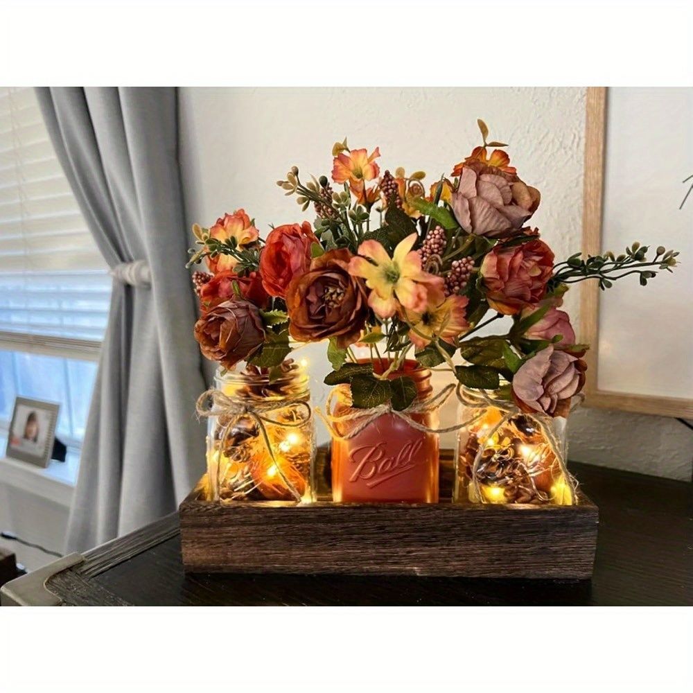 Mason Jar Centerpiece Set with Wood Tray and LED Light