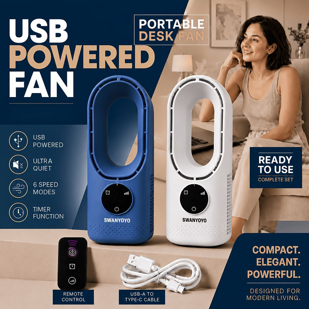 Portable Bladeless Tower Fan with Remote