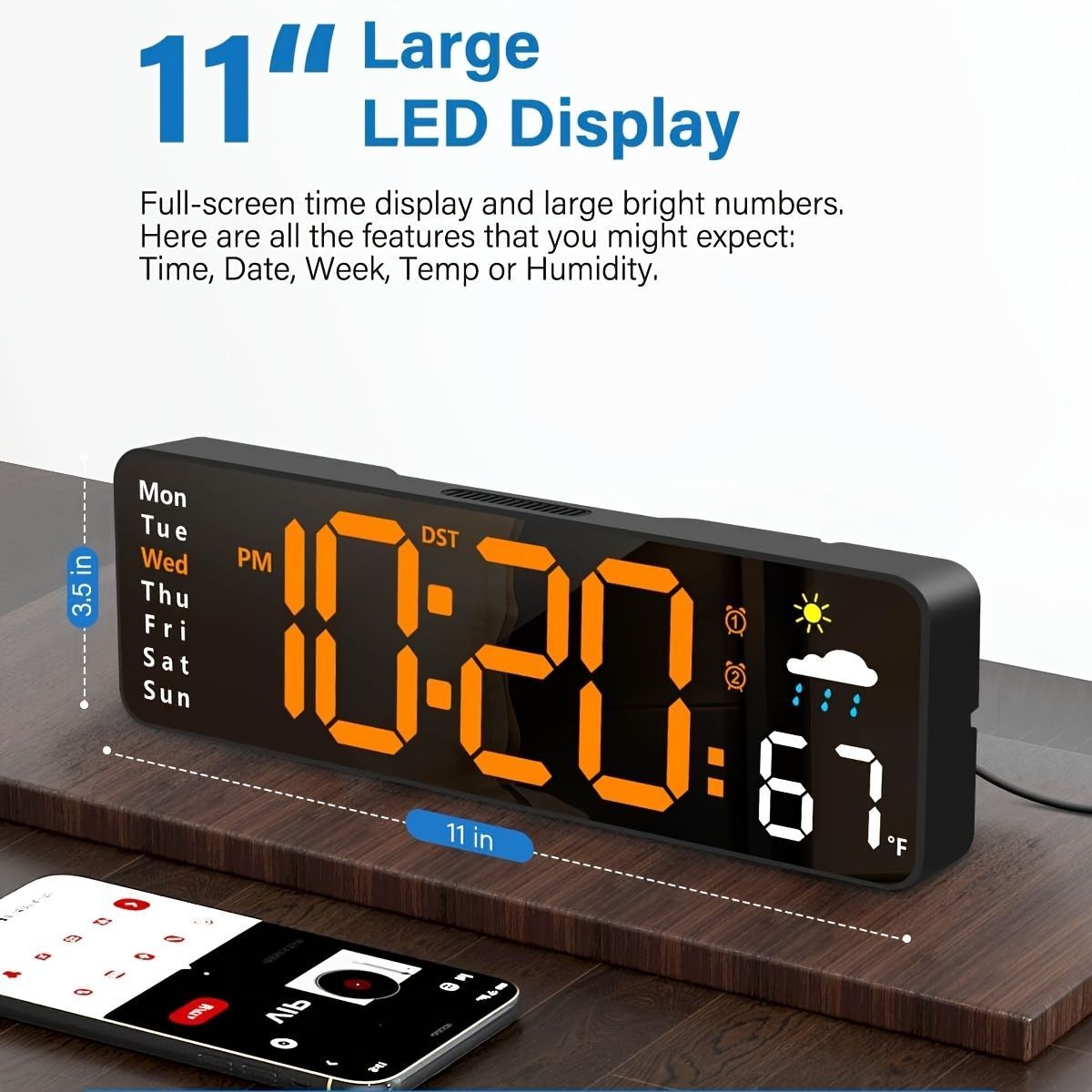 11" Digital Wall Clock with Remote RGB Backlight Alarm