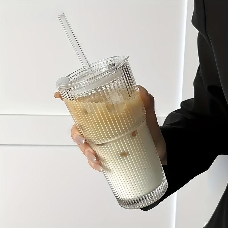 Vintage Striped Glass Coffee Mugs with Straws