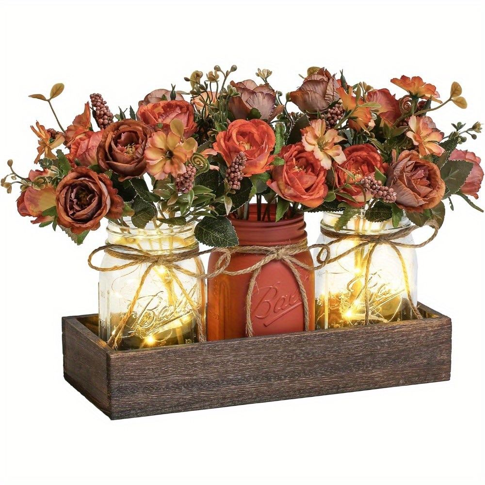 Mason Jar Centerpiece Set with Wood Tray and LED Light