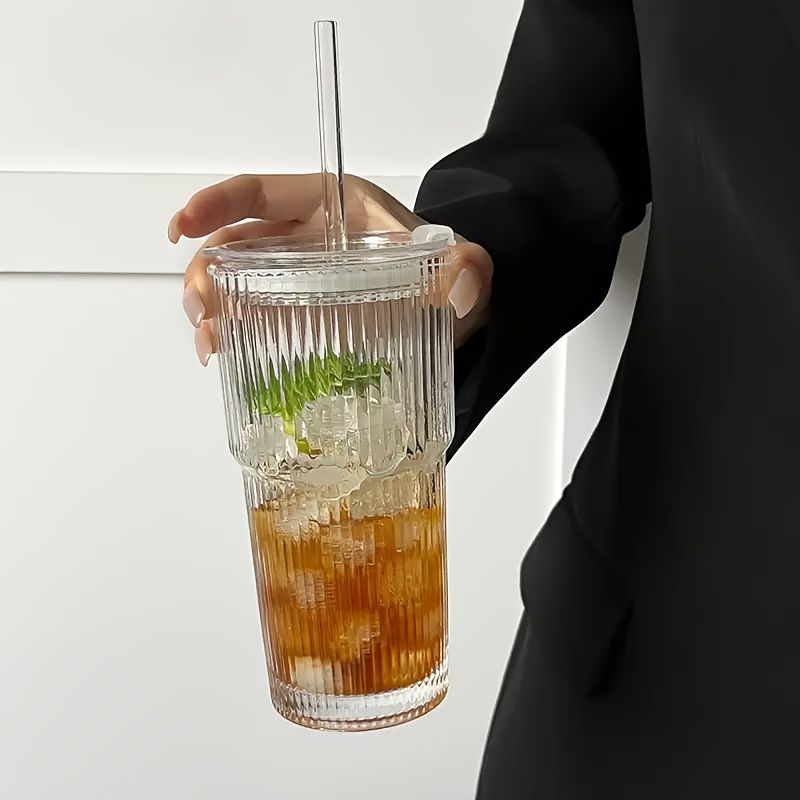 Vintage Striped Glass Coffee Mugs with Straws