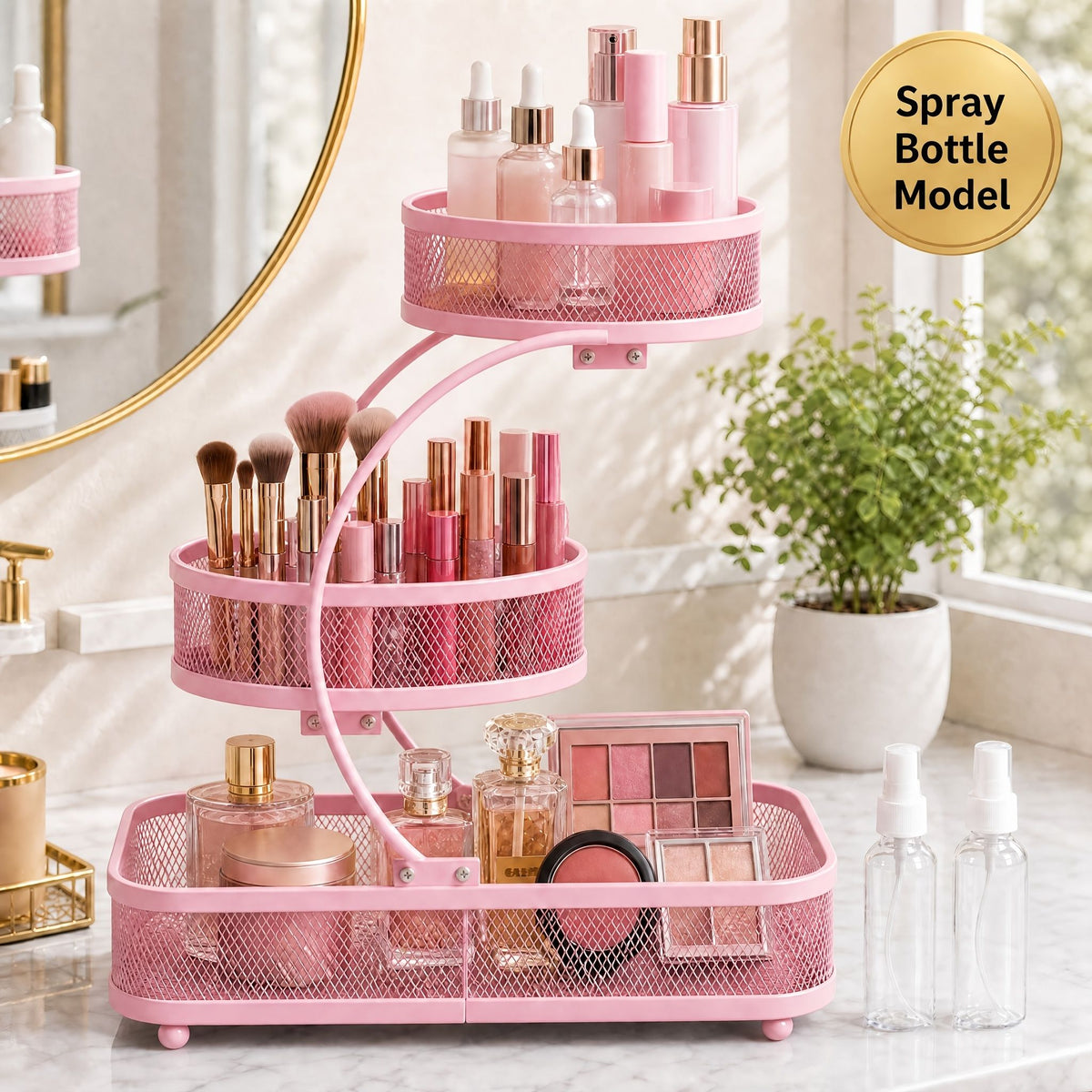 3 Tier Metal Bathroom Storage Rack with Spray Bottle Hooks