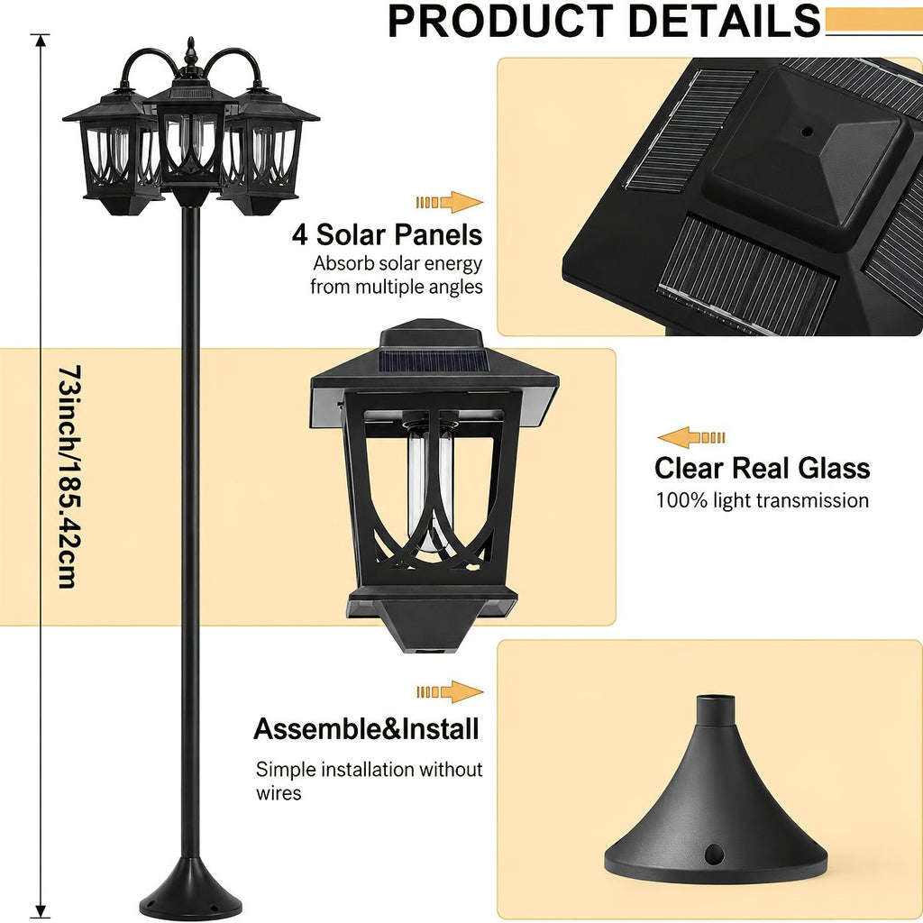 3-Headed Solar Outdoor Post Light 73 Inch Dusk to Dawn