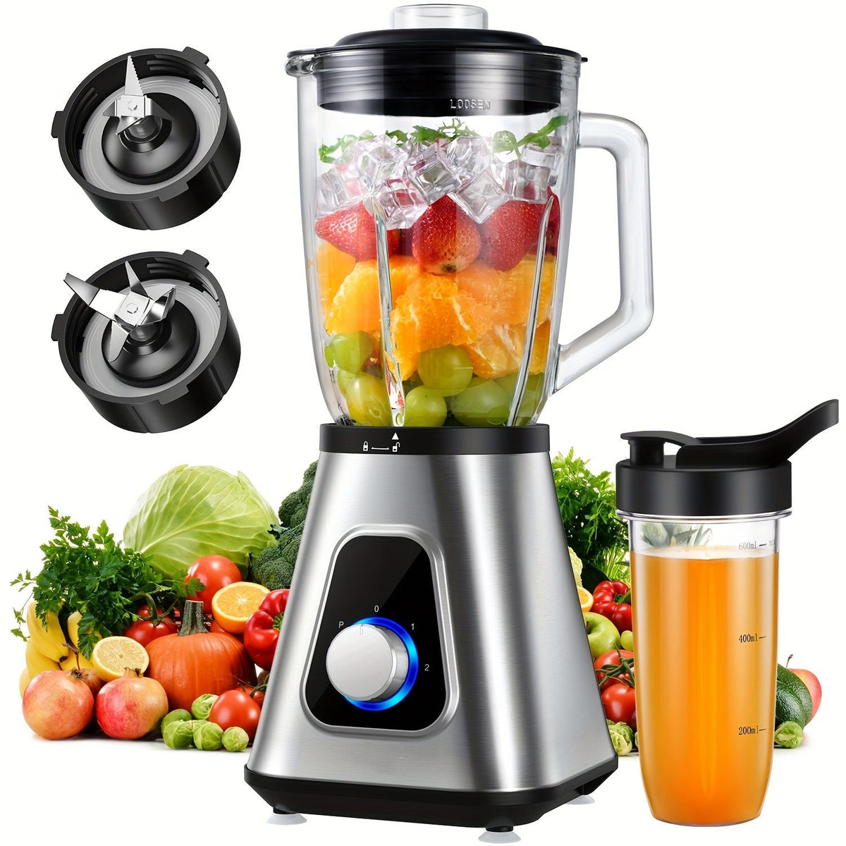 Powerful Countertop Blender with 52oz Glass Jar and 22oz Travel Cup Silvery