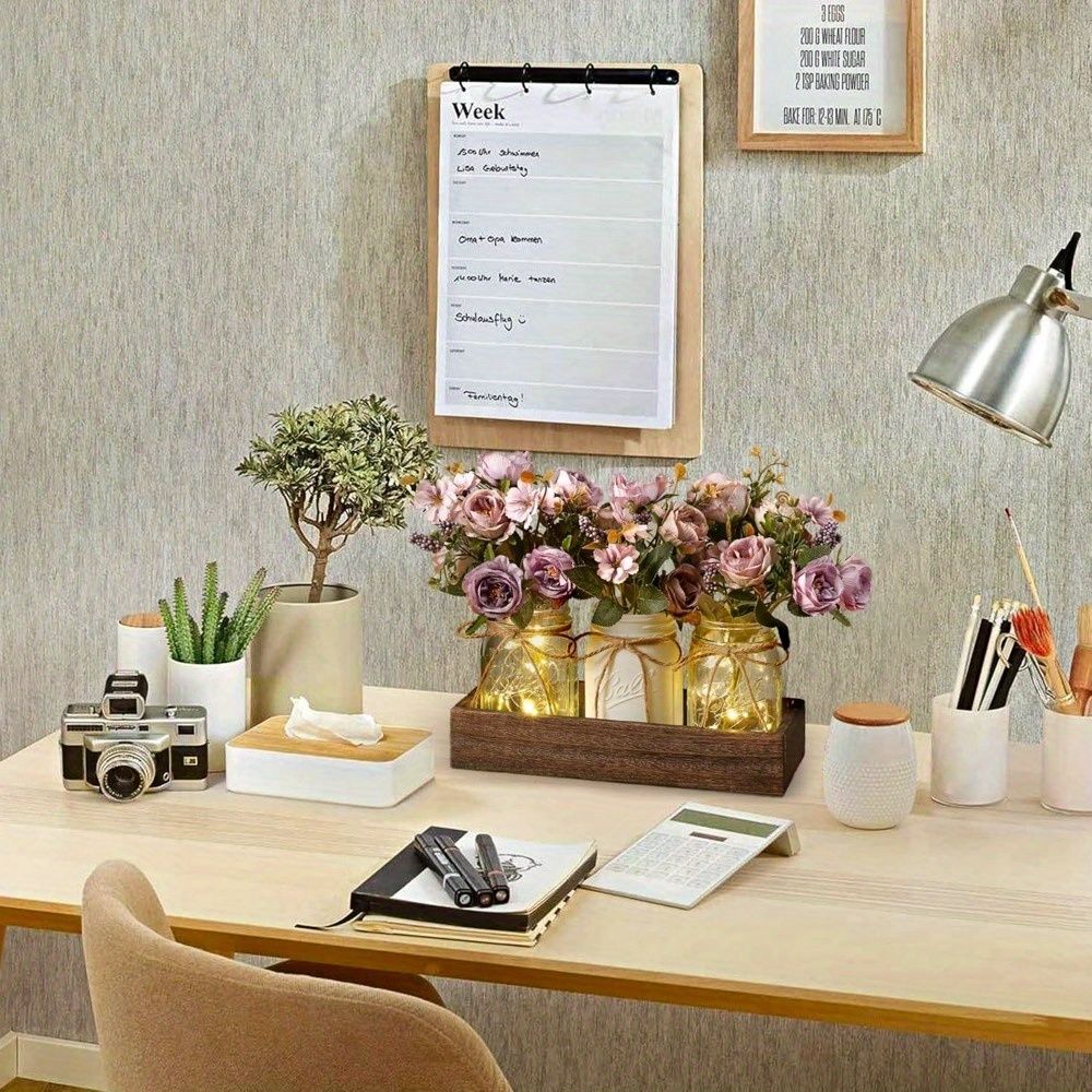 Mason Jar Centerpiece Set with Wood Tray and LED Light