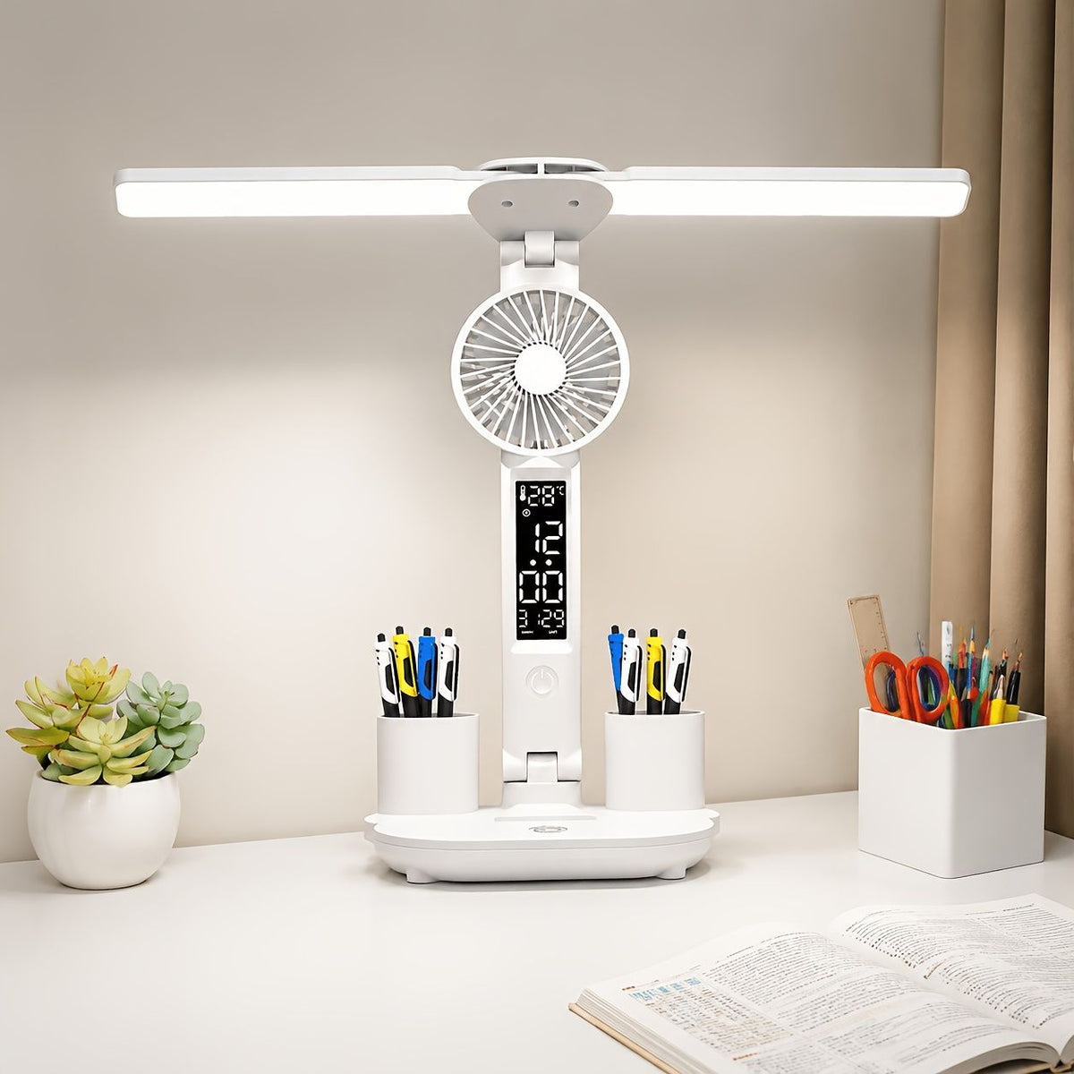 LED Desk Lamp with Cooling Fan and Pen Holders
