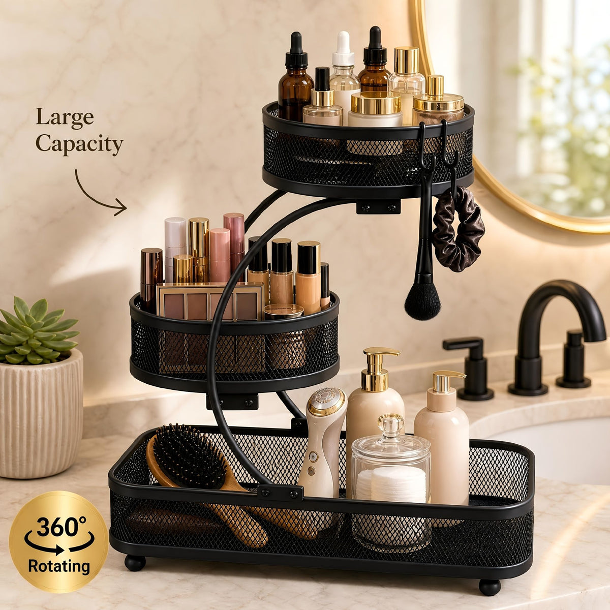 3 Tier Metal Bathroom Storage Rack with Spray Bottle Hooks