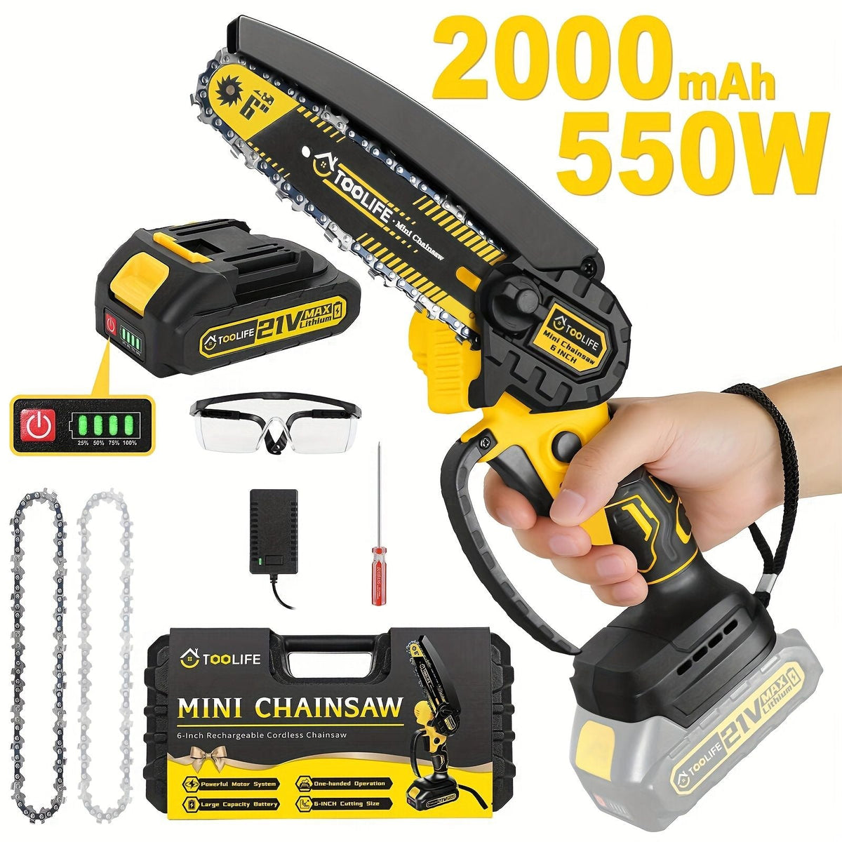 Cordless Mini Chainsaw with 2 Batteries and Toolbox