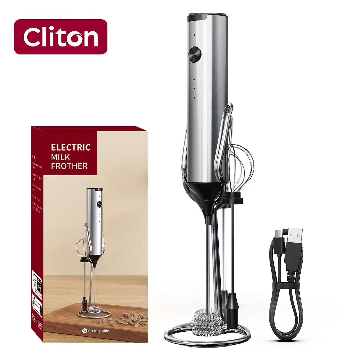 Rechargeable Electric Milk Frother with 2 Heads