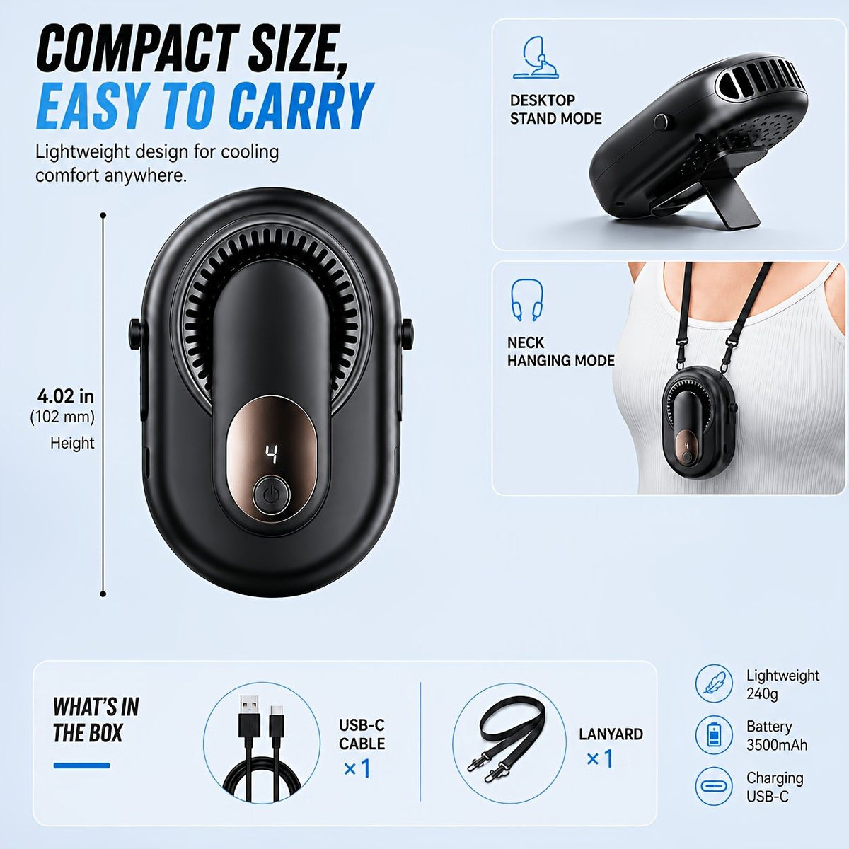 3 in 1 Portable Waist Neck Fan with Lanyard and Desk Stand