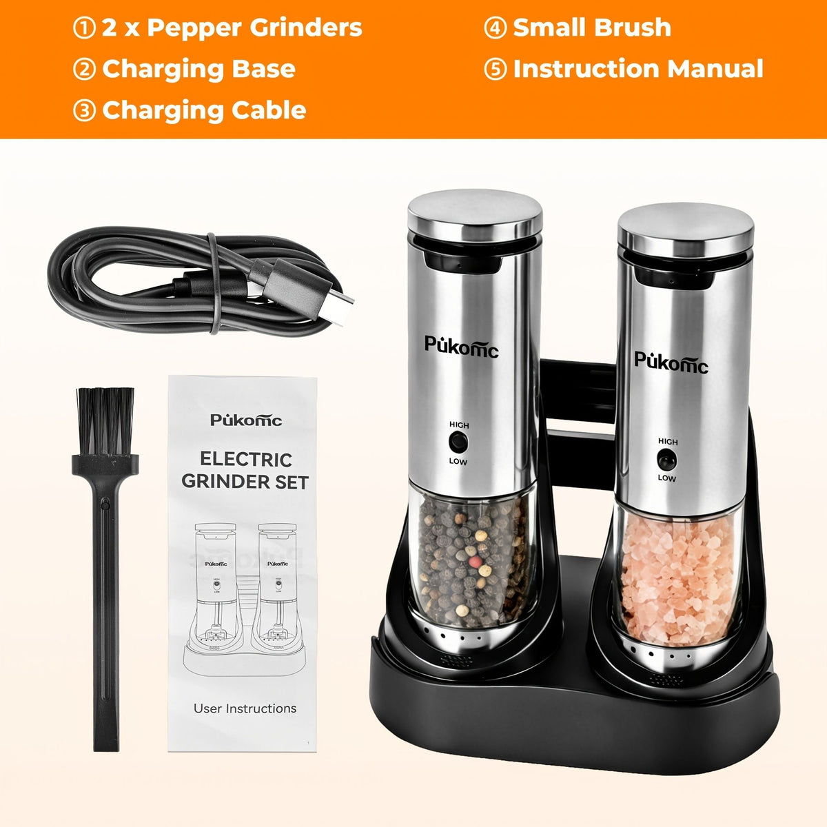 Electric Pepper Grinder Set with Rechargeable Base