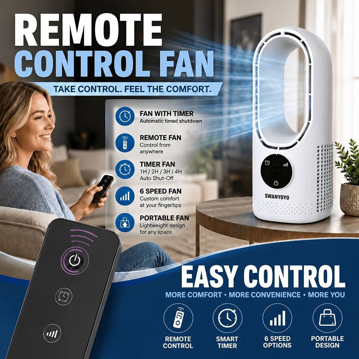 Portable Bladeless Tower Fan with Remote