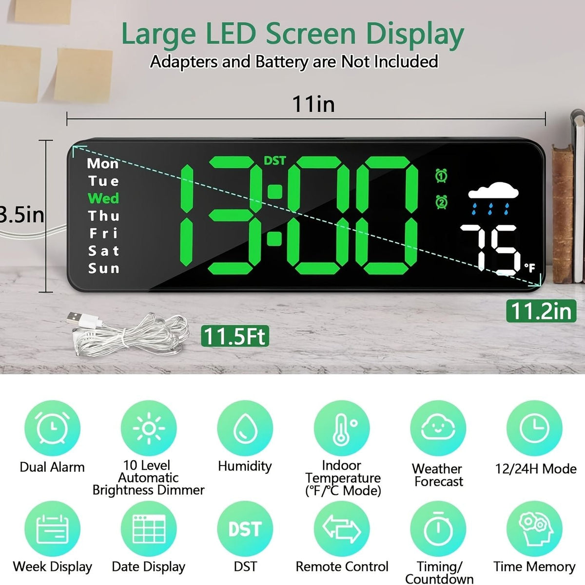 11" Digital Wall Clock with Remote RGB Backlight Alarm
