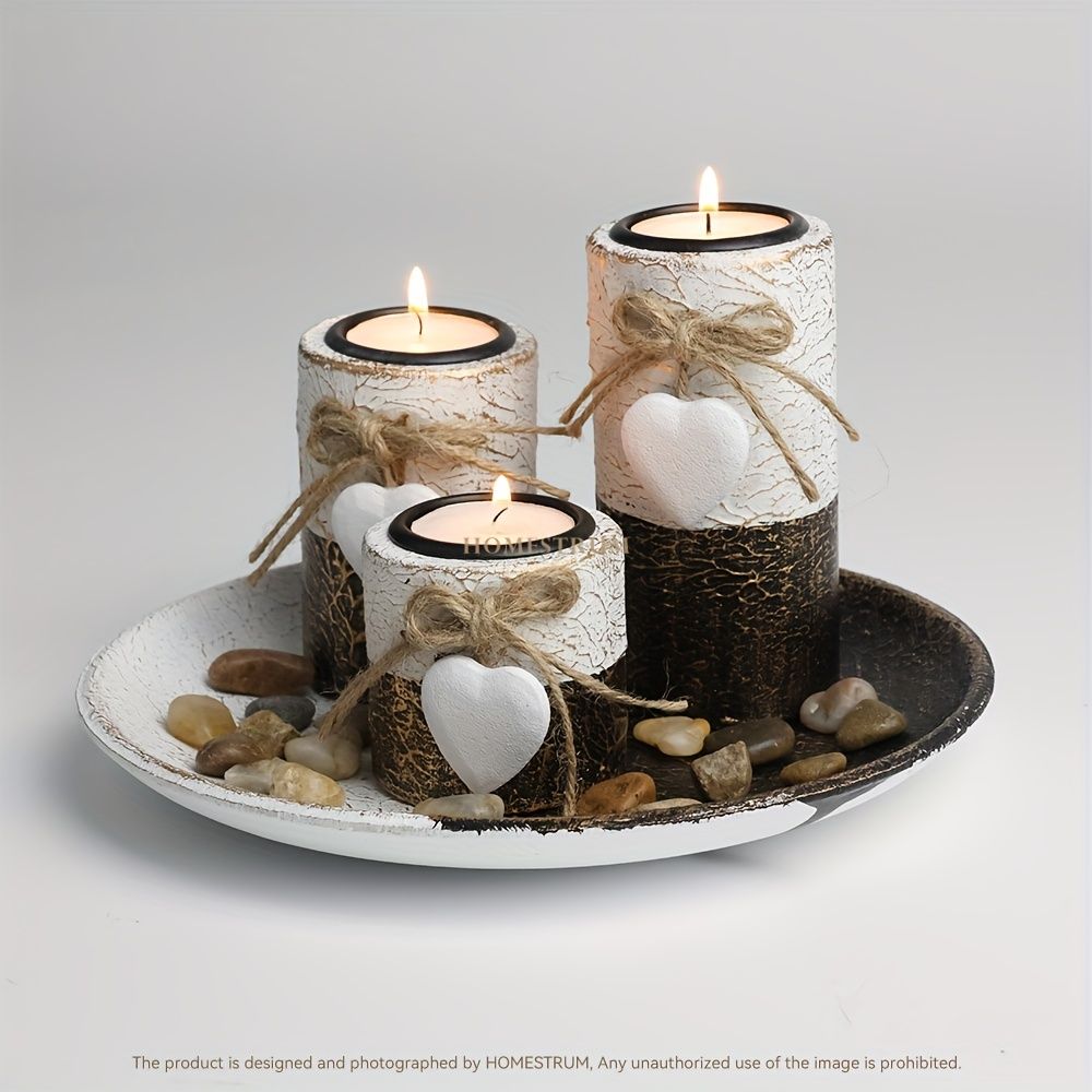 Wooden Candlestick Set with Jute Rope Bow Decoration