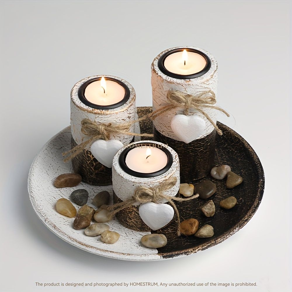 Wooden Candlestick Set with Jute Rope Bow Decoration