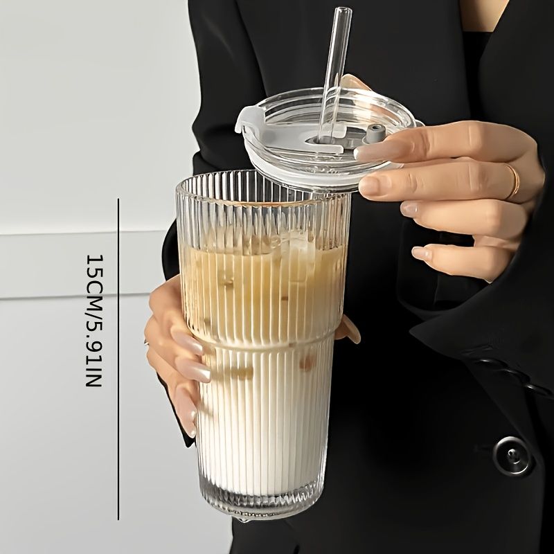 Vintage Striped Glass Coffee Mugs with Straws