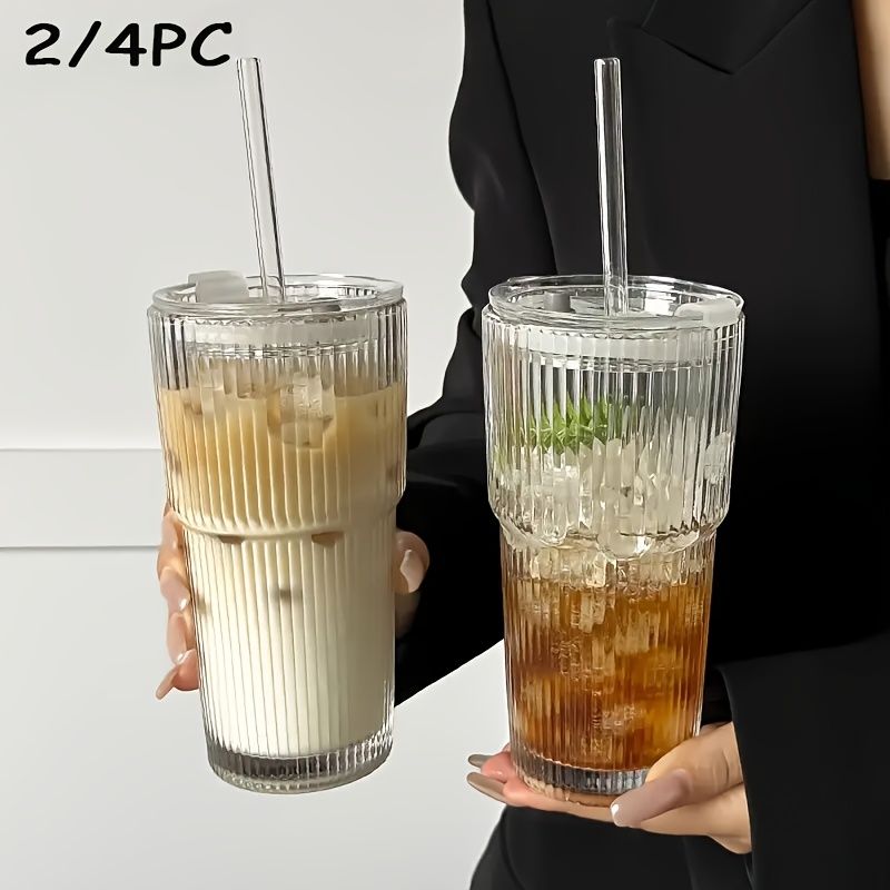 Vintage Striped Glass Coffee Mugs with Straws