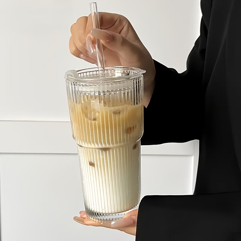 Vintage Striped Glass Coffee Mugs with Straws
