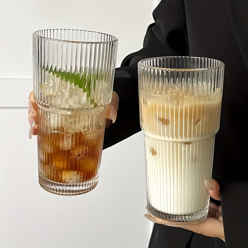 Vintage Striped Glass Coffee Mugs with Straws