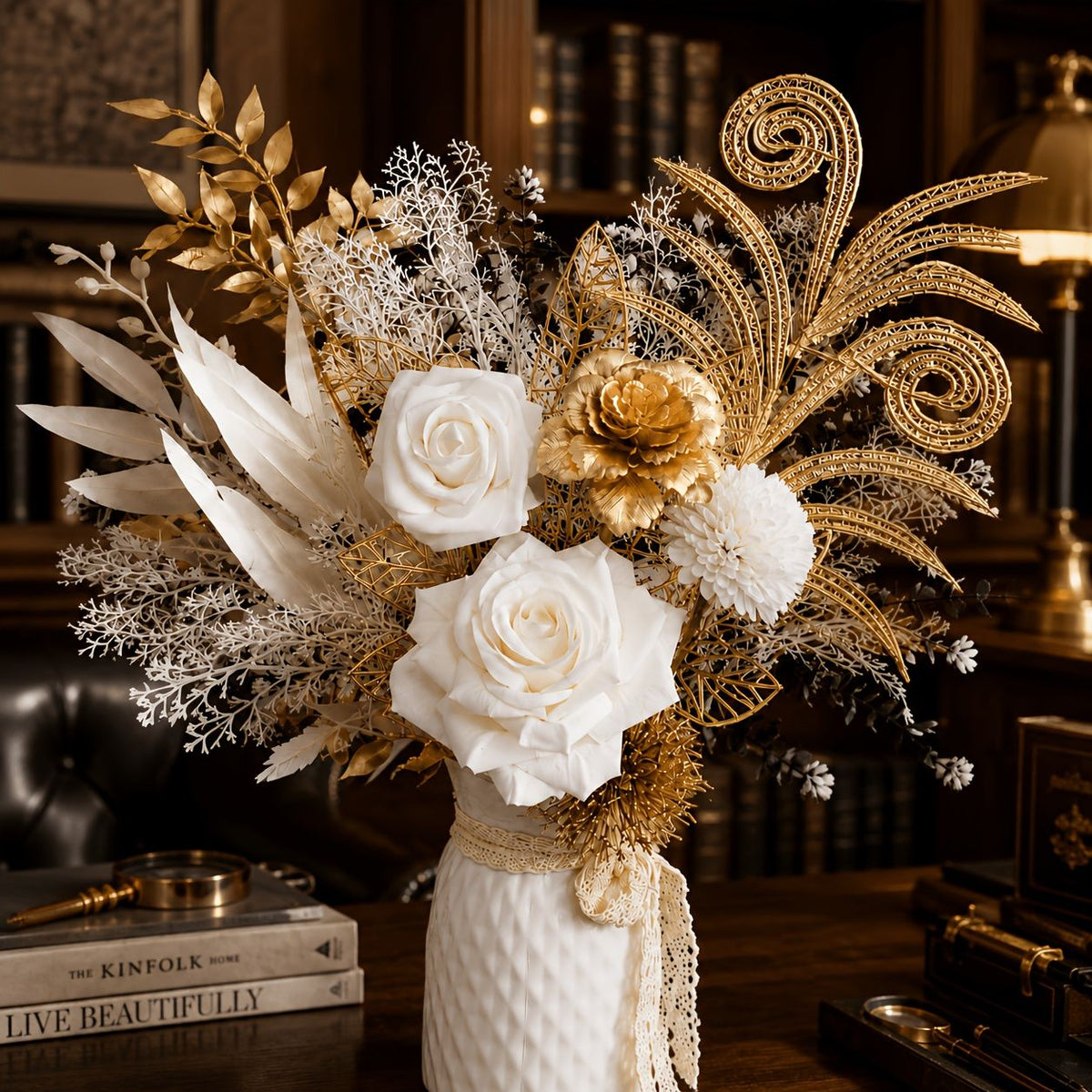 Autumn White and Golden Artificial Flower Bouquet