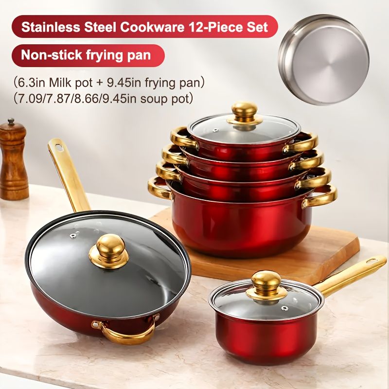 12-Piece Stainless Steel Cookware Set with Saucepans and Wok