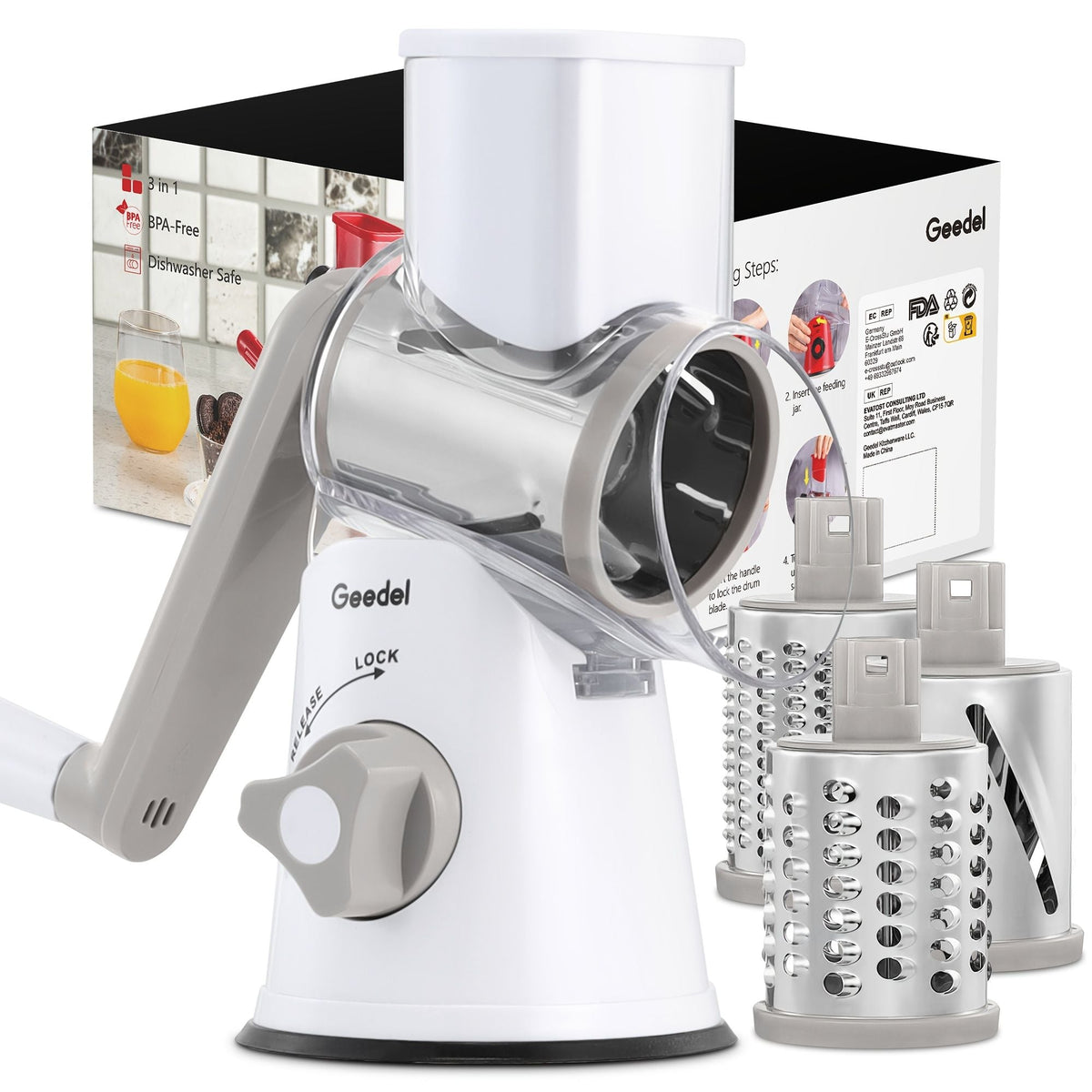 Crank 3-Blade Cheese and Vegetable Grater with Suction Base