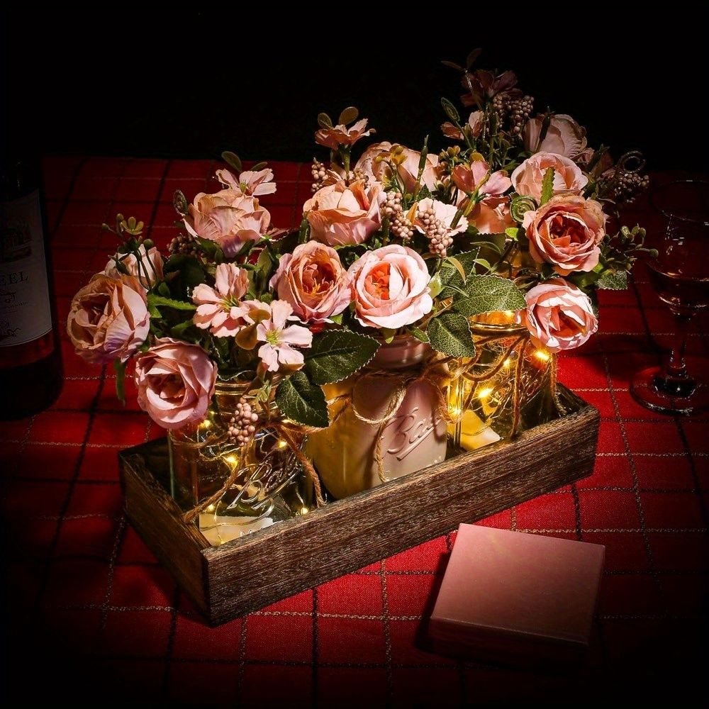 Mason Jar Centerpiece Set with Wood Tray and LED Light